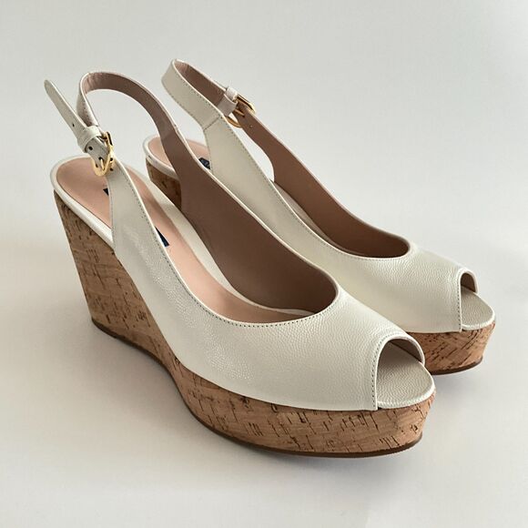 Stuart Weitzman Beige Leather Rinna Wedge Peep-toe Sling Back Sandals 8.5 - Picture 11 of 12